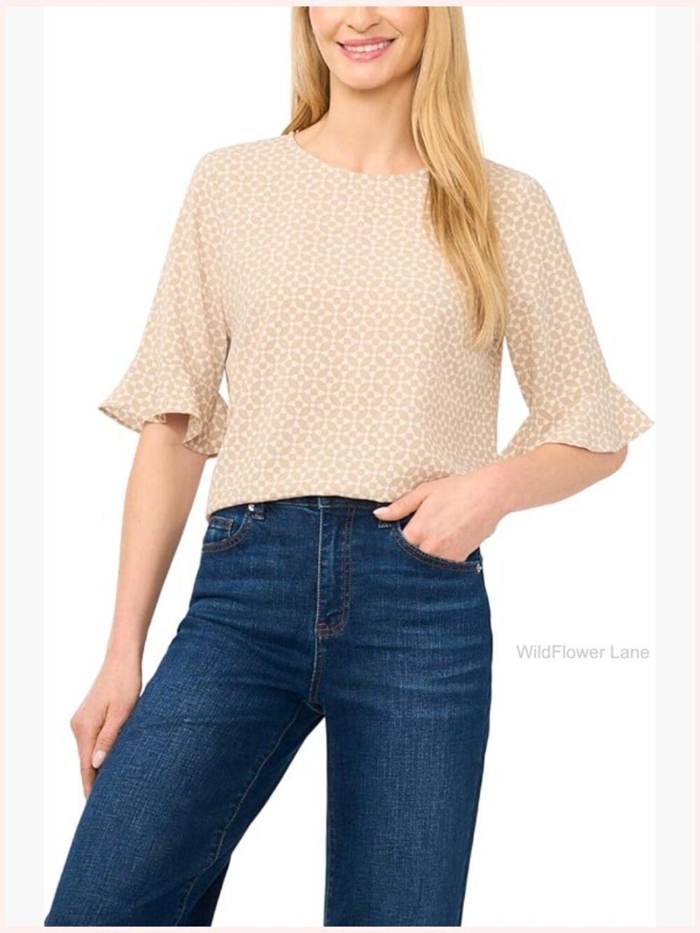 Women's Geometric Ruffle Cuff Crew Neck Blouse 3/4 Sleeve